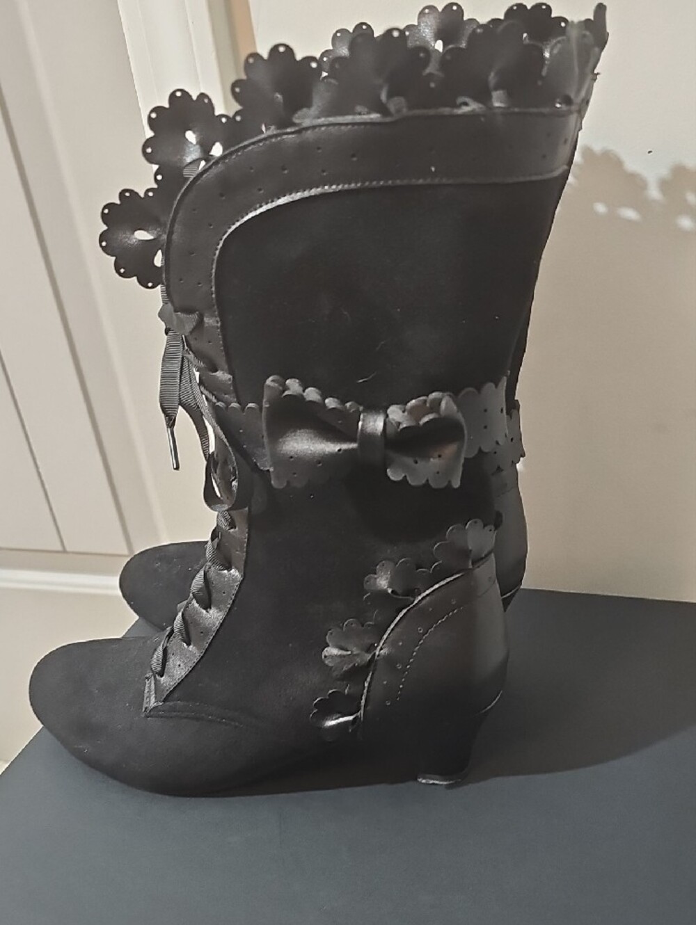 Black Lace-Trim Suede Mid-Heel Ankle Boots - Picture 3 of 8